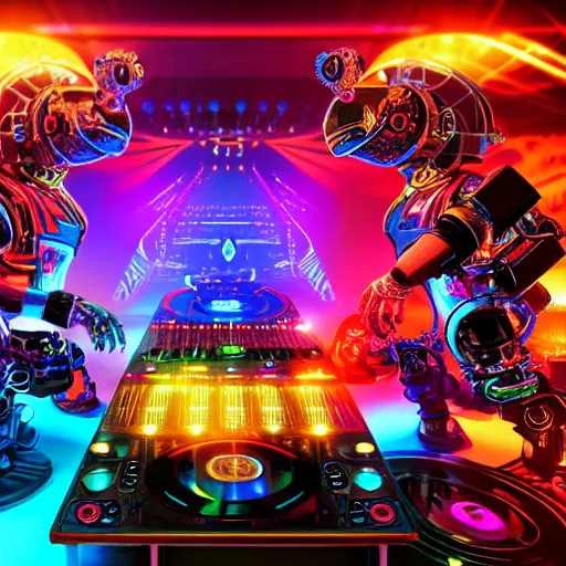 Image similar to album art, the band name is roborock, energetic trance music, band with 3 steampunk robots on a dj desk with a cd mixer, 8 k, flourescent colors, halluzinogenic, multicolored, exaggerated detailed, front shot, 3 d render, octane