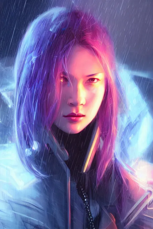 Image similar to portrait futuristic talented cyberpunk female Alchemist, in futuristic stormy heavy snowy thunder tokyo rooftop Enchantment cyberpunk night, ssci-fi, fantasy, intricate, very very beautiful, elegant, neon light, highly detailed, digital painting, artstation, concept art, soft light, hdri, smooth, sharp focus, illustration, art by tian zi and craig mullins and WLOP and alphonse mucha