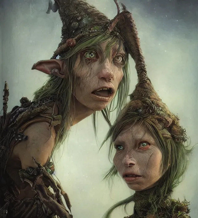 Prompt: hyper realistic portrait of postapocalyptic elf goblin, glass beads, clay amulets, magic artifacts, trinkets, cinematic, symmetric, dark crystal, artstation, cgsociety, brian froud, alan lee, jean baptiste monge, scott radke