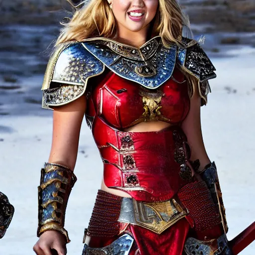 Prompt: full shot of kate upton as a warrior with ruby encrusted armour