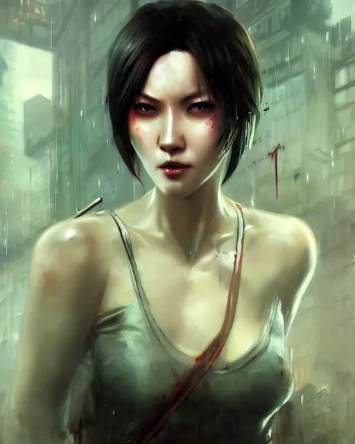 Prompt: battle hardened, sly, cunning, rugged ada wong, face centered portrait, confident, ruined cityscape, zombies, fog, rain, volumetric lighting, soft light particles floating near her, illustration, perfectly shaded, soft painting, art by krenz cushart and wenjun lin