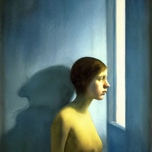 Image similar to close up of a girl in a blue and gold haunted liminal abandoned room, watercolor by edward hopper, by gottfried helnwein, by hammershøi, art noveau, highly detailed, strong lights, liminal, eerie, bright pastel colors,