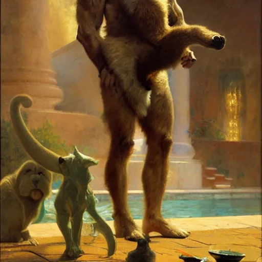 Prompt: a portrait of a very furry human with an animal's head in the pool, furry body, furry arms, furry legs, furry tail. highly detailed painting by gaston bussiere, craig mullins, j. c. leyendecker, furry