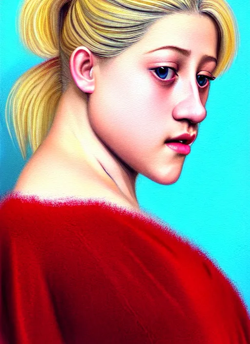 Image similar to full body portrait, teenage lili reinhart, blonde hair, obese, bangs, ponytail, sultry, realistic, sweater, fluffy bangs, fully clothed, curly bangs, fat, belly, intricate, elegant, highly detailed, digital painting, artstation, concept art, smooth, sharp focus, illustration, art by wlop, mars ravelo and greg rutkowski