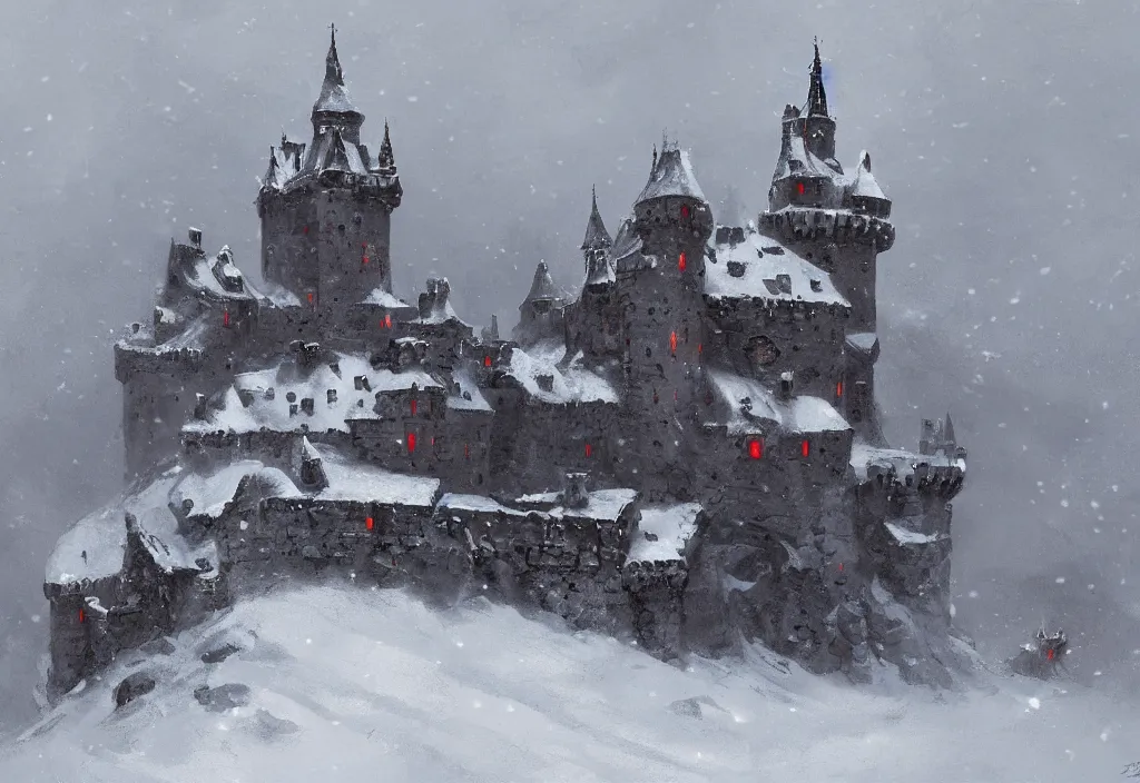 Prompt: large medieval castle on top of a snowy mountain, artstation, jakub rozalski, high detail, wandering knights