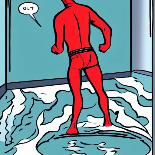 Image similar to man standing in a white room, water up to his ankles, comic book style