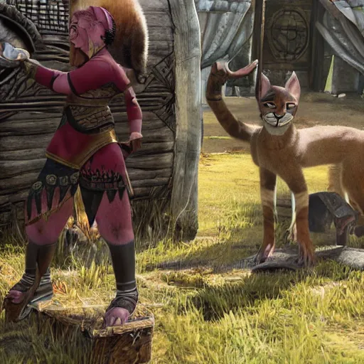 Prompt: Spontaneously petting a Khajiit caravanner right between the ears, evoking an expression of mild bemusement.