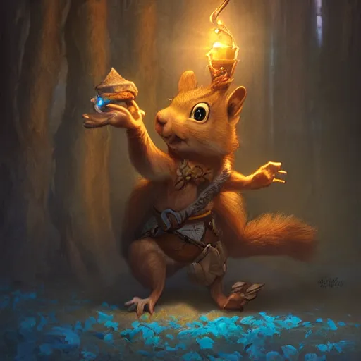 Prompt: squirrel magician, arcainist, by justin gerard and greg rutkowski, dnd, character design, blue lights, unreal engine, photorealistic, 4 k