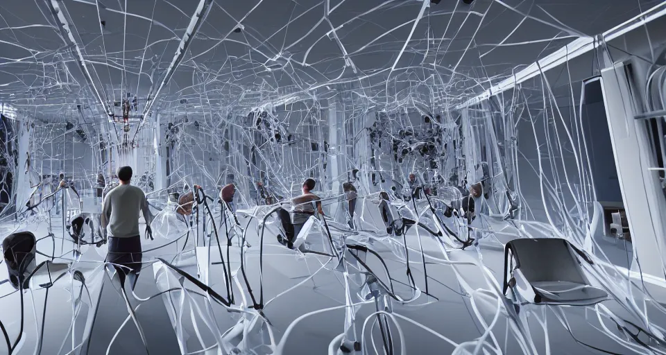 Prompt: a photo of hundreds of humans hooked up to wires in a multilevel biomechanical room, unreal engine, octane render,