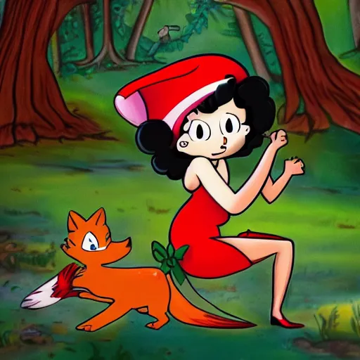 Image similar to betty boop riding a fox through the woods, cartoon, high definition