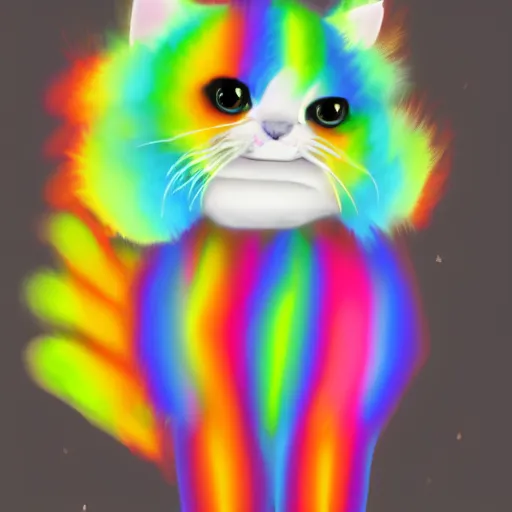 Image similar to wide angle full body, of a fluffy cute rainbow kitten wearing a black motorcycle jacket, concept art