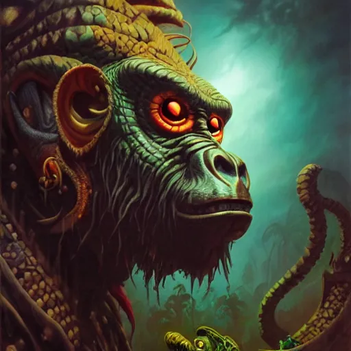 Prompt: side profile of barong family member, wiwek, mara demon, one single tribe member, jungle, one single mask, dark, ancient warrior, gorilla, lizard, tribal, inner glow, paint by peter mohrbacher and dan mumford and justin gerard