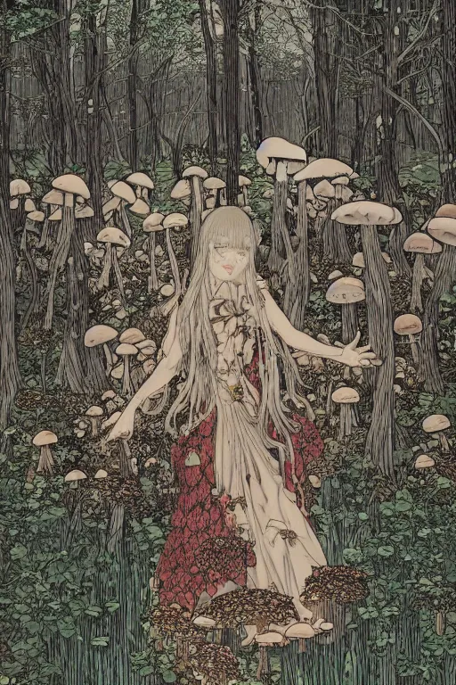 Prompt: mushroomfolk in a in a dress consisting of mushrooms. masterpiece 4k digital design by Takato Yamamoto, award winning, Artstation, Takato Yamamoto aesthetic, Neo-Gothic, gothic, forest on background, intricate details, realistic, hyperdetailed, 8k resolution