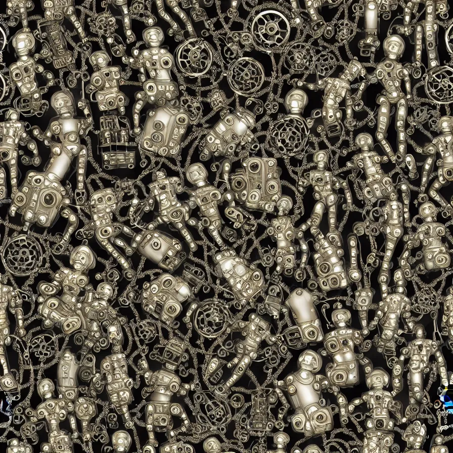 Prompt: seamless pattern of beautiful cybernetic baroque robots, beautiful baroque granite faces + body is clear plastic, inside organic robotic tubes and parts, front facing, glass helmets, backlit, wearing translucent baroque rain jackets + symmetrical composition + intricate details, black background, hyperrealism, wet, reflections + by alfonse mucha, no blur