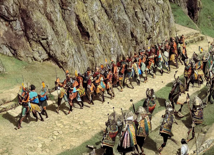 Image similar to a high detail photograph of alexander the great parading with his army through machu pichu, award winning photograph