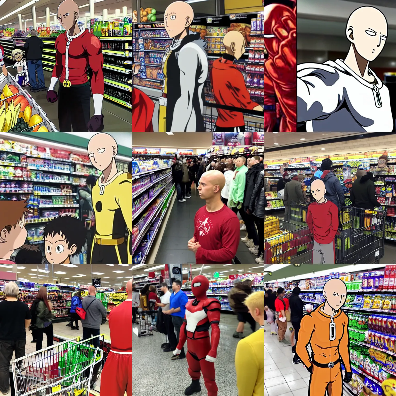 Prompt: one punch man waiting in line at the grocery store