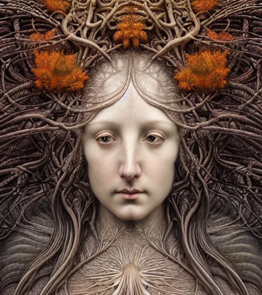 Image similar to detailed realistic beautiful autumn goddess face portrait by jean delville, gustave dore, iris van herpen and marco mazzoni, art forms of nature by ernst haeckel, art nouveau, symbolist, visionary, gothic, neo - gothic, pre - raphaelite, fractal lace, intricate alien botanicals, ai biodiversity, surreality, hyperdetailed ultrasharp octane render