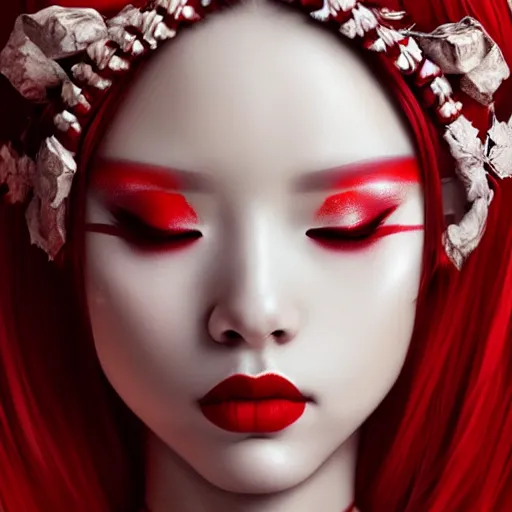 Image similar to A stunning painting of a beautiful albino geisha , red and white by Andrews Esao, fantasy, Trending on artstation.