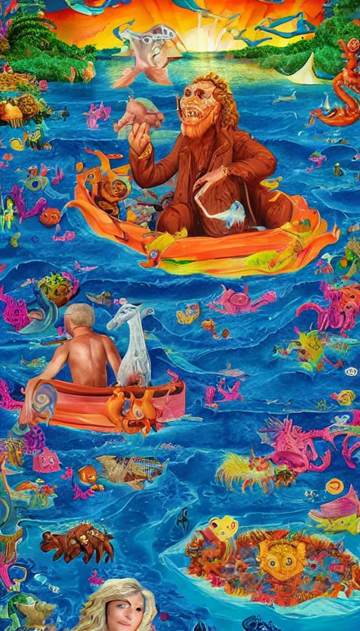 Image similar to man on boat crossing a body of water in hell with creatures in the water, sea of souls, by lisa frank,