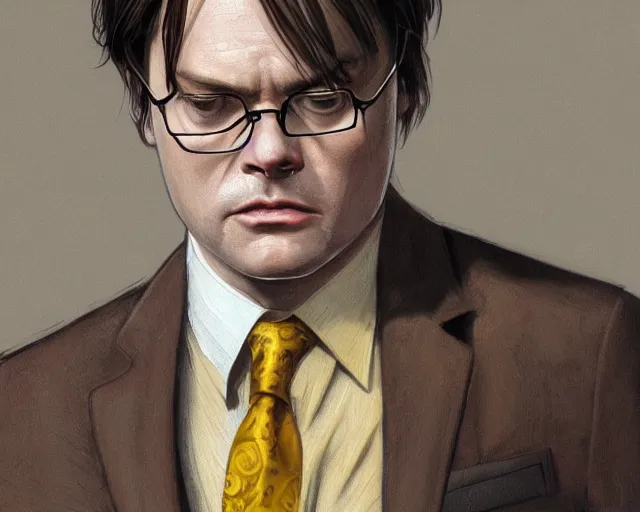 Image similar to close up of dwight schrute wearing a brown suit, mustard yellow dress shirt and necktie, focus, d & d, intricate, elegant, highly detailed, digital painting, artstation, concept art, matte, sharp focus, illustration, hearthstone, art by artgerm and greg rutkowski and alphonse mucha