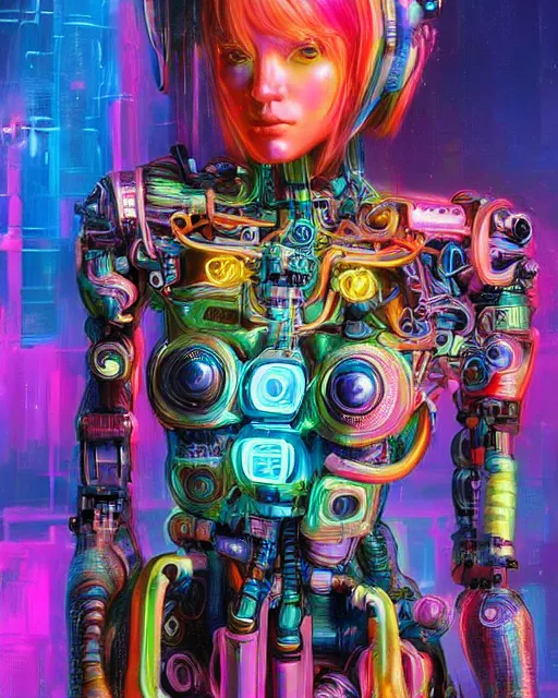 Image similar to colorful full body portrait of a cybernetic hippie, set in the future 2 1 5 0 | highly detailed | very intricate | symmetrical | professional model | cinematic lighting | award - winning | painted by mandy jurgens and ross tran | pan futurism, dystopian, bold psychedelic colors, cyberpunk, groovy vibe, anime aesthestic | featured on artstation