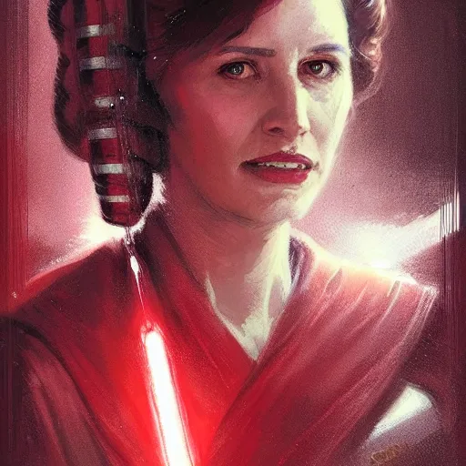 Image similar to portrait of a woman by Greg Rutkowski, Leia Organa as a Senator of the Galactic Alliance, she is about 70 years old, wearing red and white robes, Star Wars Expanded Universe, highly detailed portrait, digital painting, artstation, concept art, smooth, sharp foccus ilustration, Artstation HQ