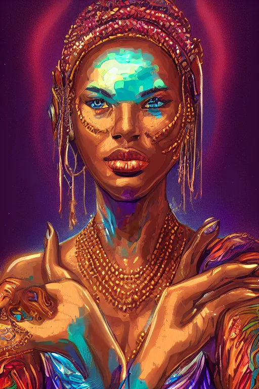 Image similar to portrait of jewel djinn diviner in the style of Rob Lefield and Dan Mumford , trending on artstation, digital art,surrealism ,macro,blueprint ,vaporwave ,