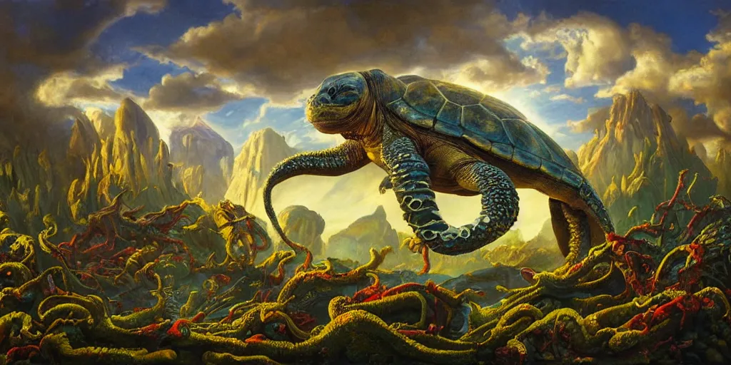 Image similar to fantasy oil painting, great leviathan, cybernetic turtle cephalopod terrapin reptilian pachyderm squid, bella hadid, hybrid, milla jovovich, anubis, epic natural light, lush plants flowers, spectacular mountains, bright clouds, luminous sky, outer worlds, golden hour, michael cheval, edward hopper, michael whelan, vray, hd