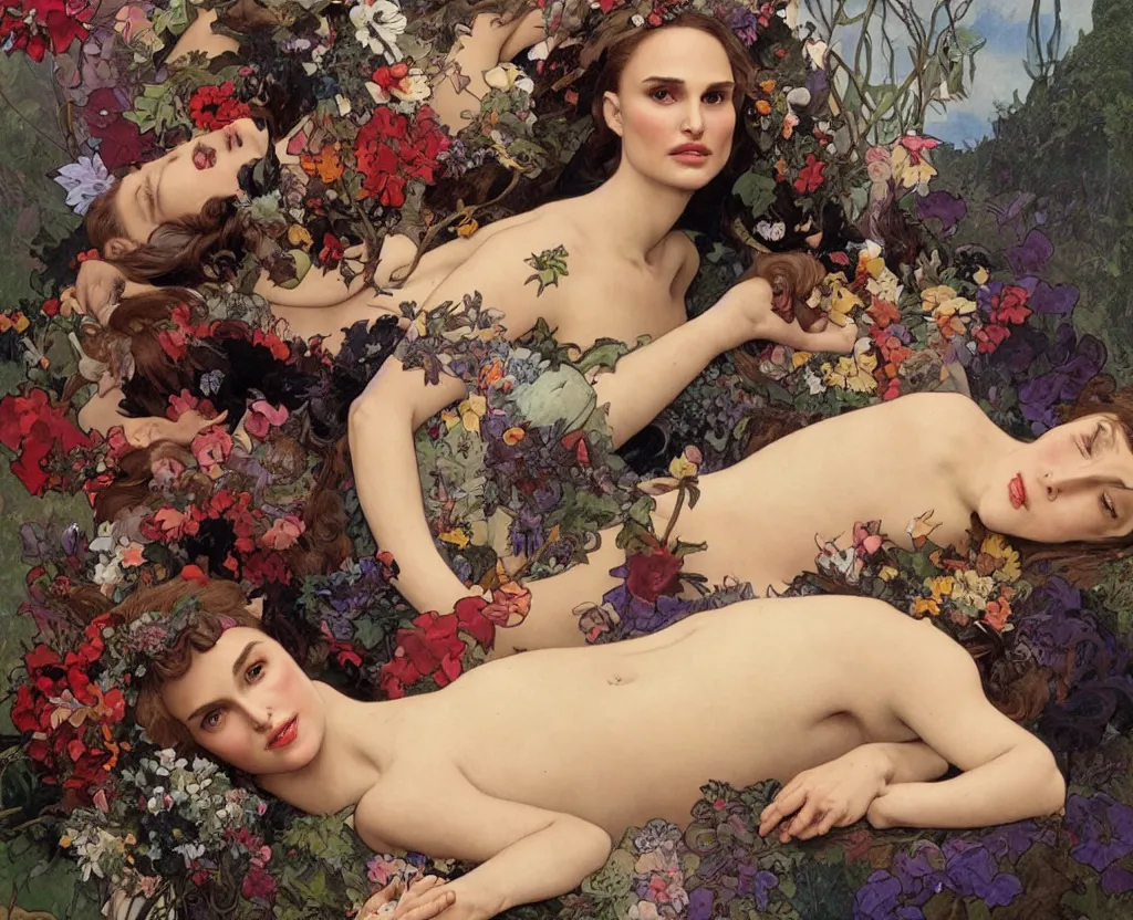 Prompt: natalie portman sits atop a pile of dead bodies by norman lindsay and alphonse mucha and artgerm.