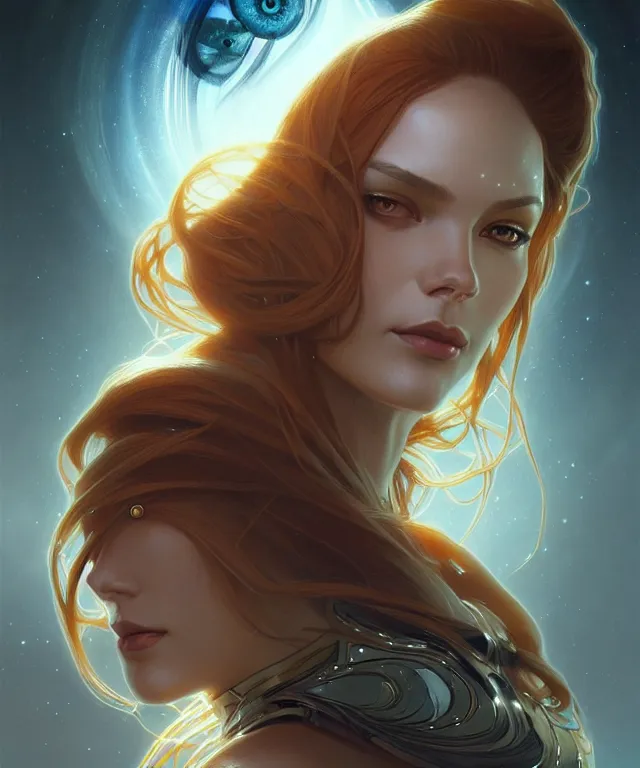 Image similar to futuristic woman portrait, sci - fi, amber eyes, face, long hair, fantasy, intricate, elegant, highly detailed, digital painting, artstation, concept art, smooth, sharp focus, illustration, art by artgerm and greg rutkowski and alphonse mucha