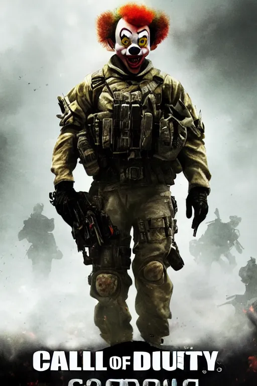 Image similar to call of duty cover art, goofy clown photo