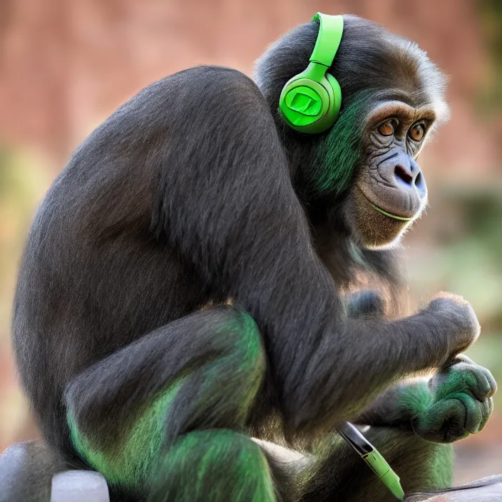 Image similar to a high quality photo of a green chimp wearing headphones, realism, 8k