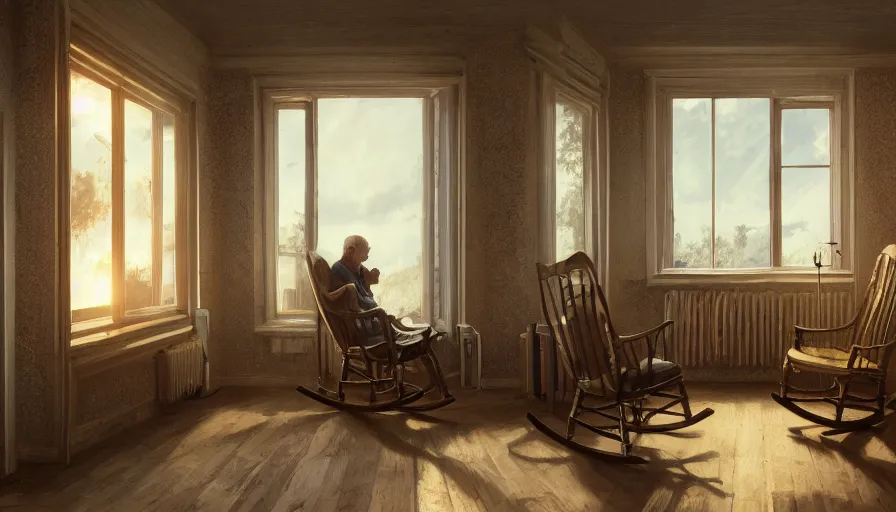 Prompt: Lonely old man on his rocking chair looking the sun at the windows of the living room of his old small house, hyperdetailed, artstation, cgsociety, 8k