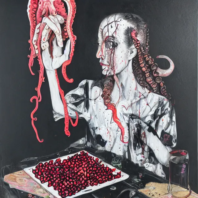 Image similar to empty room with black walls, a portrait of a female pathologist holding an octopus, wilted flowers, pomegranate, berry juice dripping, neo - expressionism, surrealism, acrylic and spray paint and oilstick on canvas