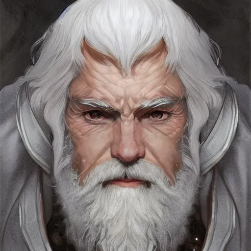 Prompt: old male archmage, white and gold robes, white beard, D&D, fantasy, intricate, elegant, highly detailed, digital painting, artstation, concept art, smooth, sharp focus, illustration, art by artgerm and greg rutkowski and alphonse mucha