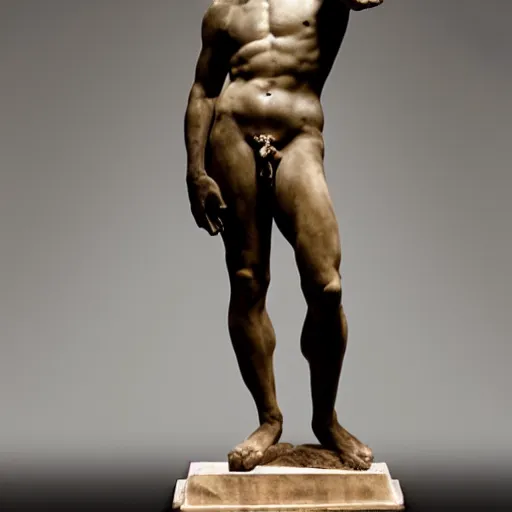 Image similar to marble statue of Michelangelo\'s David made of chocolate, museum photo, 4k, detailed, uncropped, full body