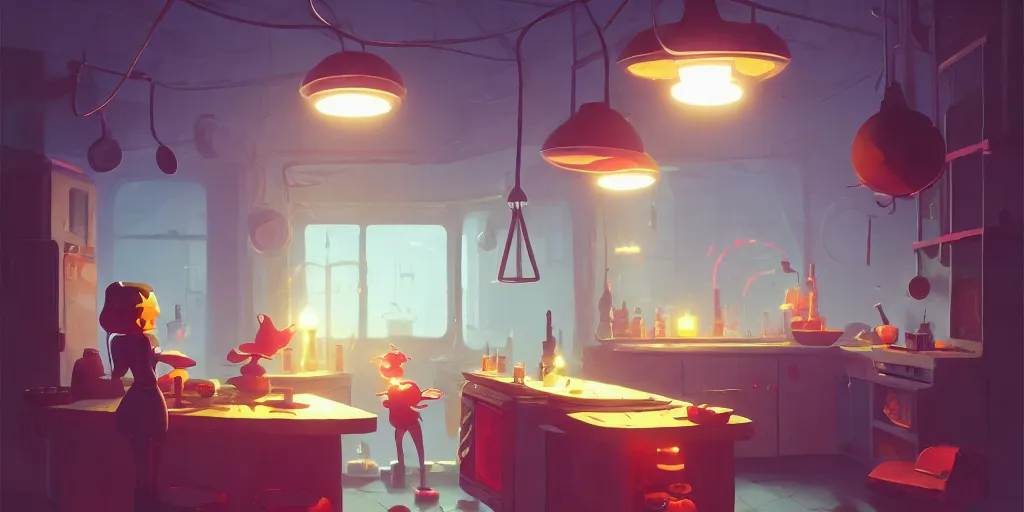 Image similar to cute lonely kitchen dim lit by a candle ripped physique simon stalenhag gerald brom bastien grivet by greg rutkowski game background fisheye lens day of the tentacle