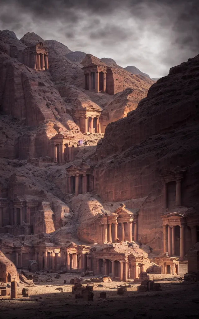 Prompt: A beautiful low angle matte painting looking up at the lost city of petra with white flames illuminating the ruins of forgotten souls, by Raphel Lacoste, atmospheric, low angle, mysterious, cinematic, intricate, ultra detailed, featured on artstation