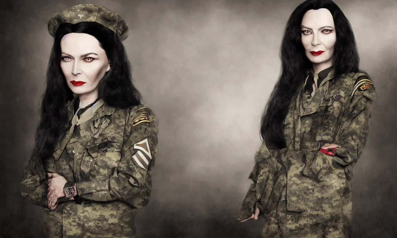 Prompt: Old Photograph portrait of Morticia Addam wearing a military uniform,portrait, photorealistic, hyperrealism, highly detailed, octane render, style by Richard Estes,