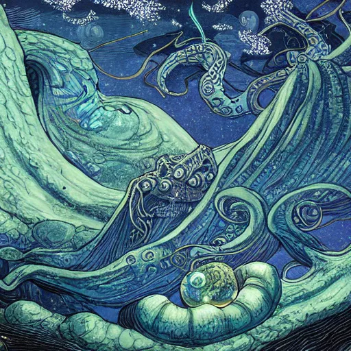 Image similar to Cthulhu, starry sky, Cthulhu Mythos, High detail, Ukiyoe, Comics, JamesJean, Caspar Friedrich, Zdzislaw Beksinsk