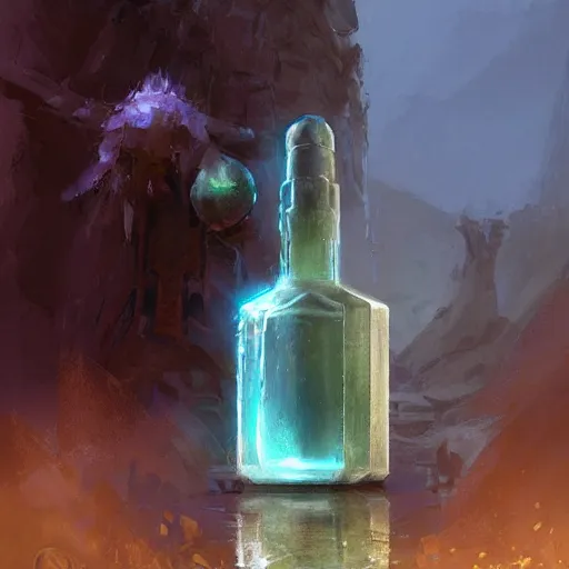 Image similar to an opalescent health potion in a tall elegant bottle, rpg item, fantasy concept art by craig mullins