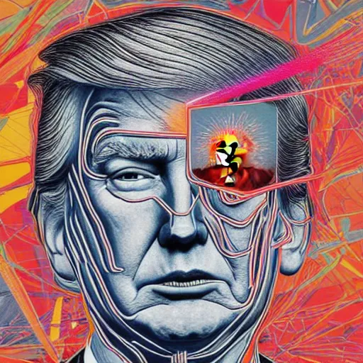 Image similar to the portrait donald trump with laser eyes, an ultrafine detailed illustration by james jean, final fantasy, intricate linework, bright colors, behance contest winner, vanitas, angular, altermodern, unreal engine 5 highly rendered, global illumination, radiant light, detailed and intricate environment