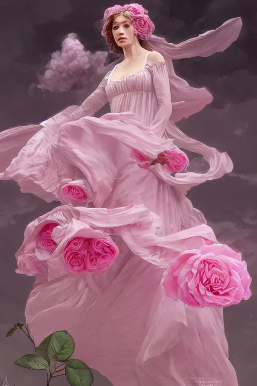 Image similar to woman dressed in a vaporous wrapped large victorian pink roses silk semi-transparent dress fashion is running, D&D, fantasy, intricate, elegant, highly detailed, digital painting, artstation, concept art, matte, sharp focus, illustration, art by Artgerm and Greg Rutkowski and Alphonse Mucha