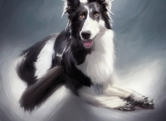 Image similar to wide angle beautiful full body portrait of a strong male anthropomorphic anthro border collie fursona in a suit sitting in a parlor room, character design by charlie bowater, henry asencio, and ross tran, disney, detailed, aesthetic, trending on artstation, furaffinity, deviantart