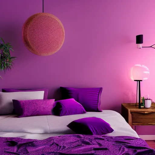 Prompt: interior of a beautiful and cozy bedroom, modern minimal design, vaporwave wallpaper texture, vivid lighting, purple color scheme, photorealist, 4 k