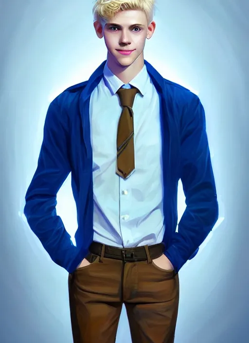 Prompt: portrait of teenage kevin keller with blonde hair, blonde hair, blue eyes, defined jawline, slight friendly smile, button up shirt, intricate, elegant, glowing lights, highly detailed, digital painting, artstation, concept art, smooth, sharp focus, illustration, art by wlop, mars ravelo and greg rutkowski