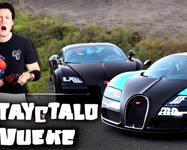 Prompt: youtube thumbnail i bought a bugatti?! shocked face, youtuber