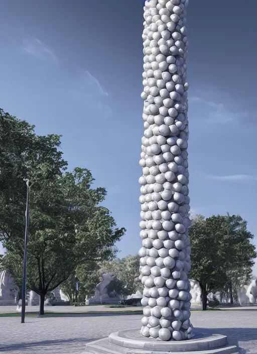 Image similar to highly detailed realistic architecture 3 d render of a futurisctic stele column monument made from balls standing in a city park, archdaily, made in unreal engine 4 octane render