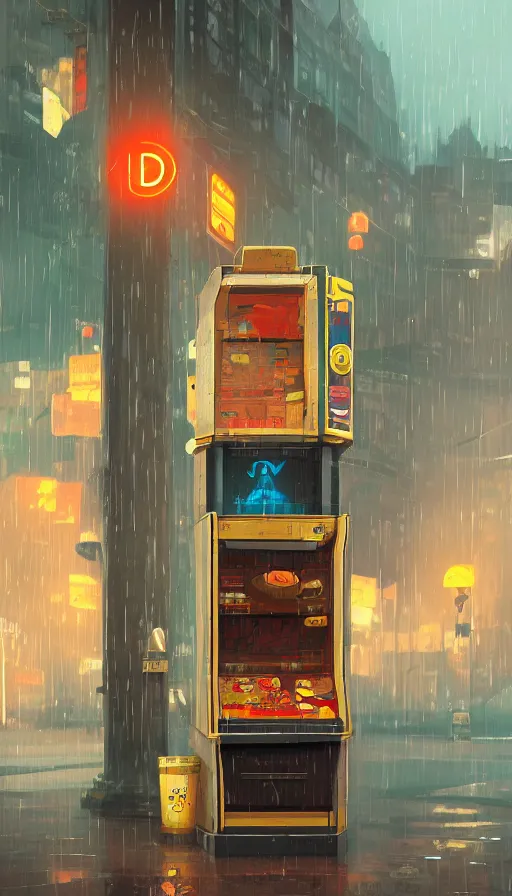 Image similar to videogame cabinet begging for coins in the rain, sharp focus, james gilleard, cinematic, game art, extremely detailed digital painting, print