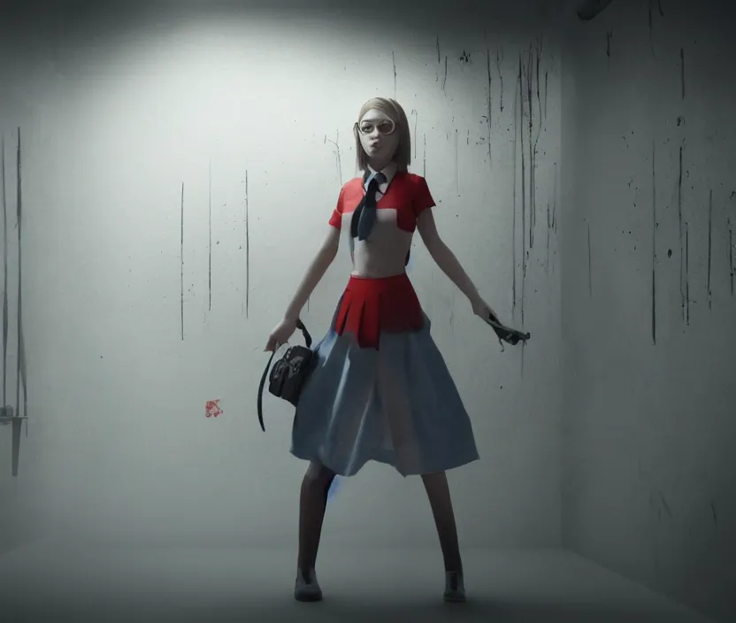 Image similar to school girl holding a knife and standing on an abandoned hospital room with red ceiling lighting and several blue lights on the walls, gloomy and foggy atmosphere, octane render, artstation trending, horror scene, highly detailded